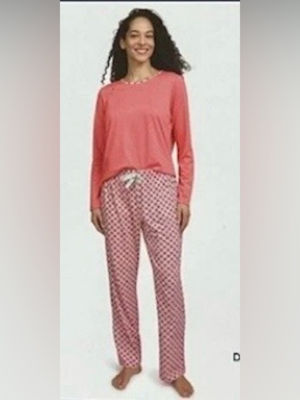 Lands’ End Women's Coral Long-Sleeve Pajama Top and Patterned Pants Set, M, L